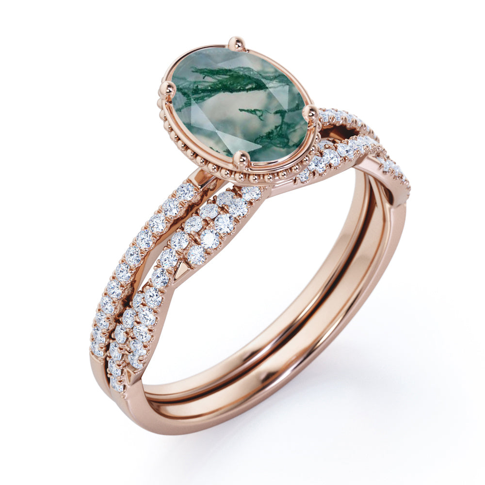 Classic 1.50 carat Oval shape Moss Green Agate and diamond Milgrain Halo Wedding ring set for her in gold