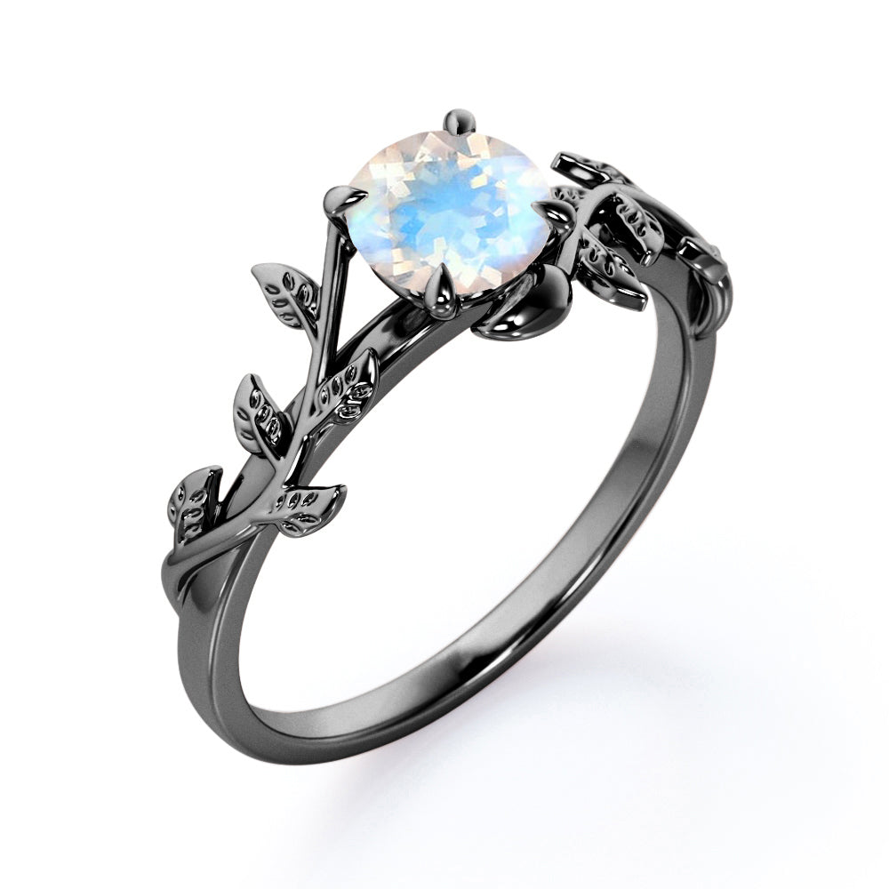 Classic Vine and lead 1 carat Round cut Brilliant Rainbow Moonstone earthy engagement ring in Rose gold