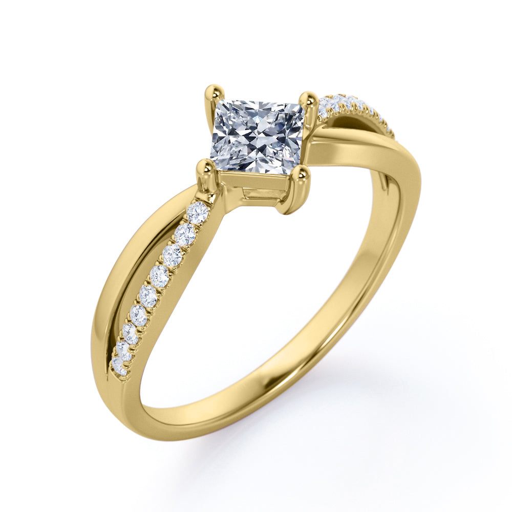 Modern 1.15 carat Princess cut Moissanite and diamond-compass four prong-split shank engagement ring for women