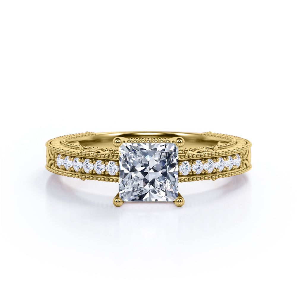 Vintage Milgrain 1.15 carat Princess cut Moissanite and diamond Engraved Filigree Engagement ring in White gold-Anniversary ring