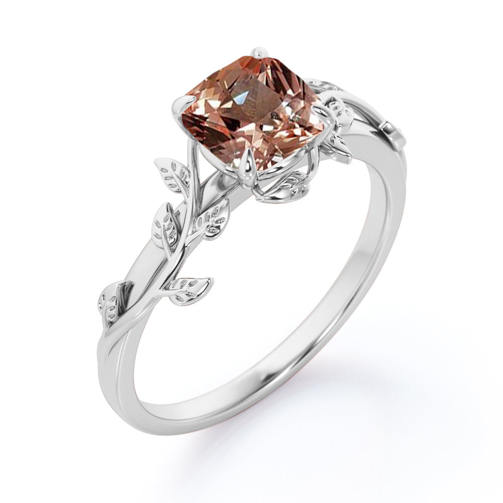 Olive leaf inspired 1 carat Cushion cut Peach pink Morganite vine engagement ring in White gold