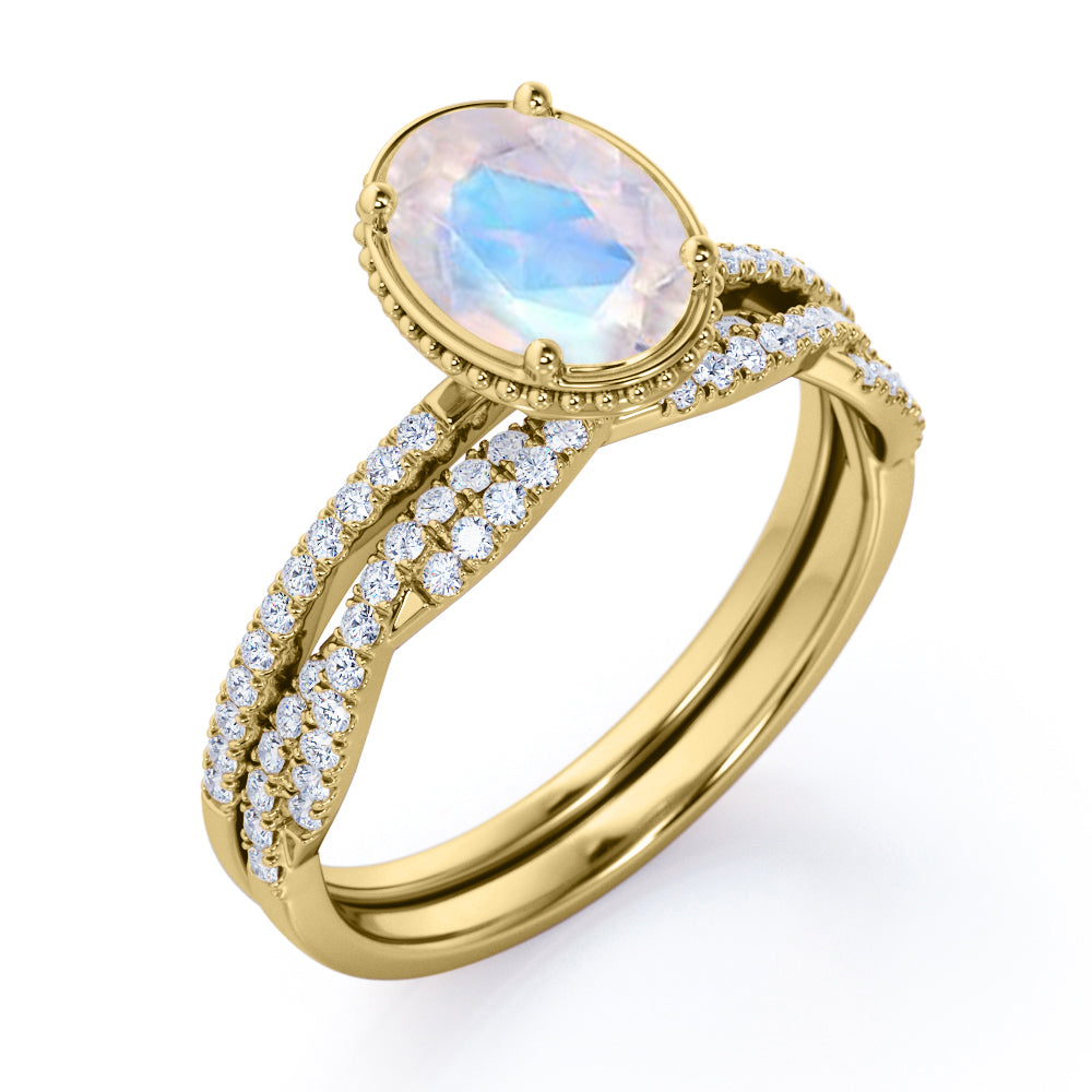 Milgrain Edge 1.5 carat Oval shape Moonstone and diamond Bridal wedding ring set in gold