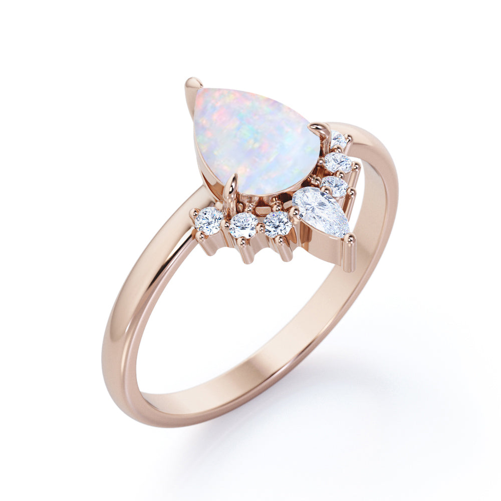 Antique Crown inspired 1.15 carat Pear cut Ethiopian Opal and diamond claw prong setting engagement ring in Rose gold