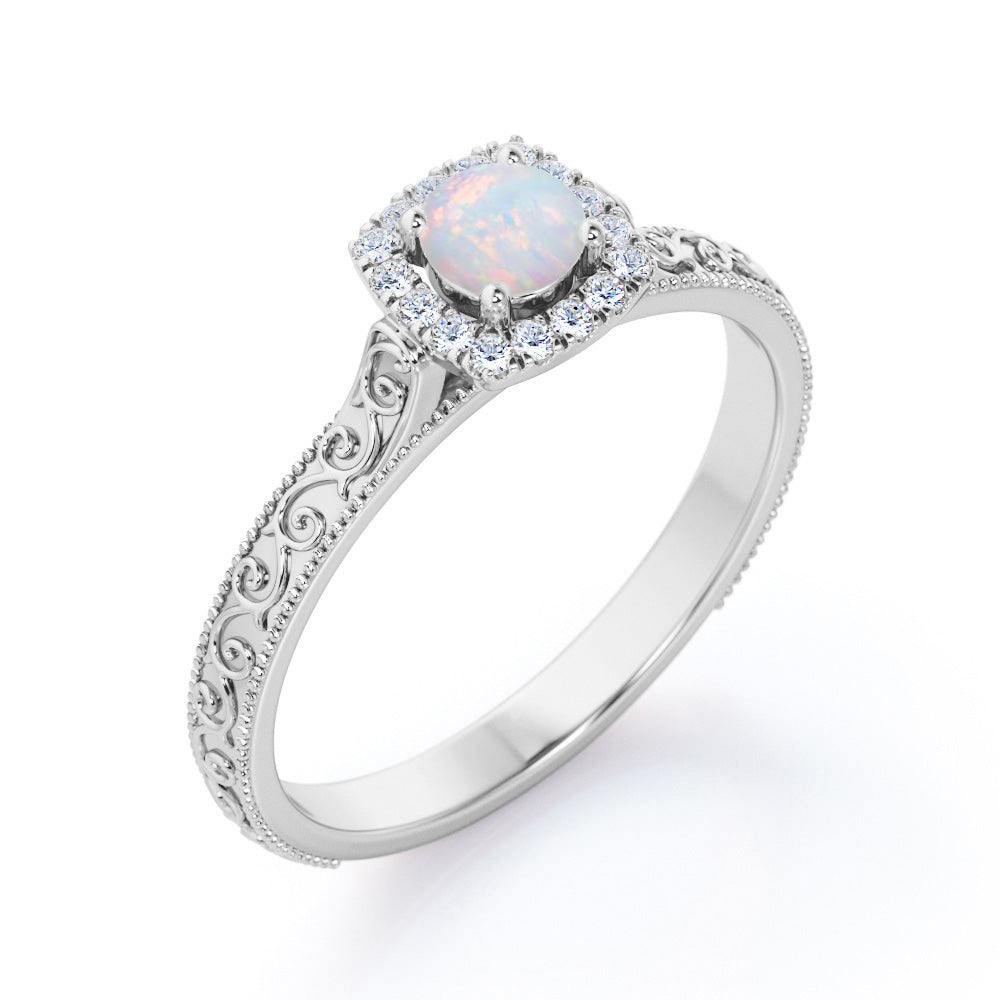 Vintage Halo 0.65 carat Round cut Australian boulder opal and diamond edwardian art deco engagement ring in White gold