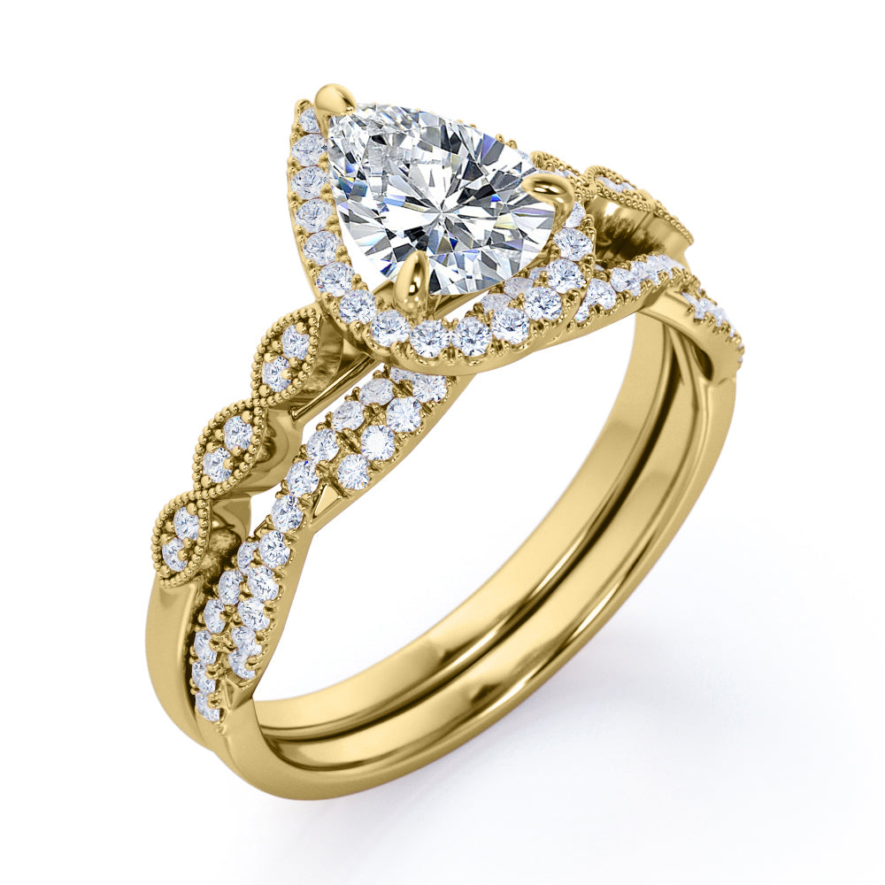 Milgrain Edge 1.60 carat pear shaped moissanite and diamond vintage infinity ring set in White gold- wedding ring set