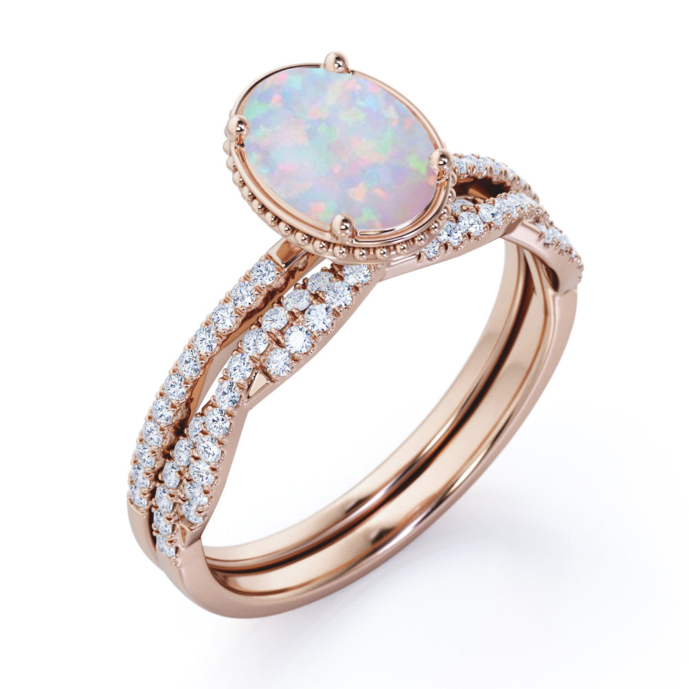 Milgrain halo 1.5 carat Oval cut Ethiopian Opal and diamond half-infinity Bridal set for her