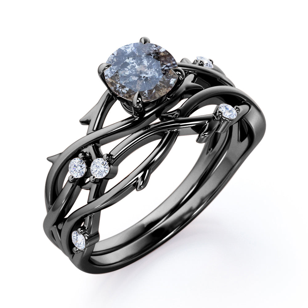Artistic Vine 0.6 carat Round cut Salt and pepper diamond and White diamond twisted branch wedding ring set in White gold