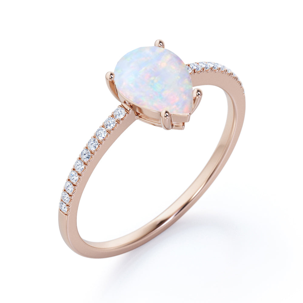 Classic Pave 1.20 carat Pear cut Opal and diamond vintage style engagement ring in Black gold