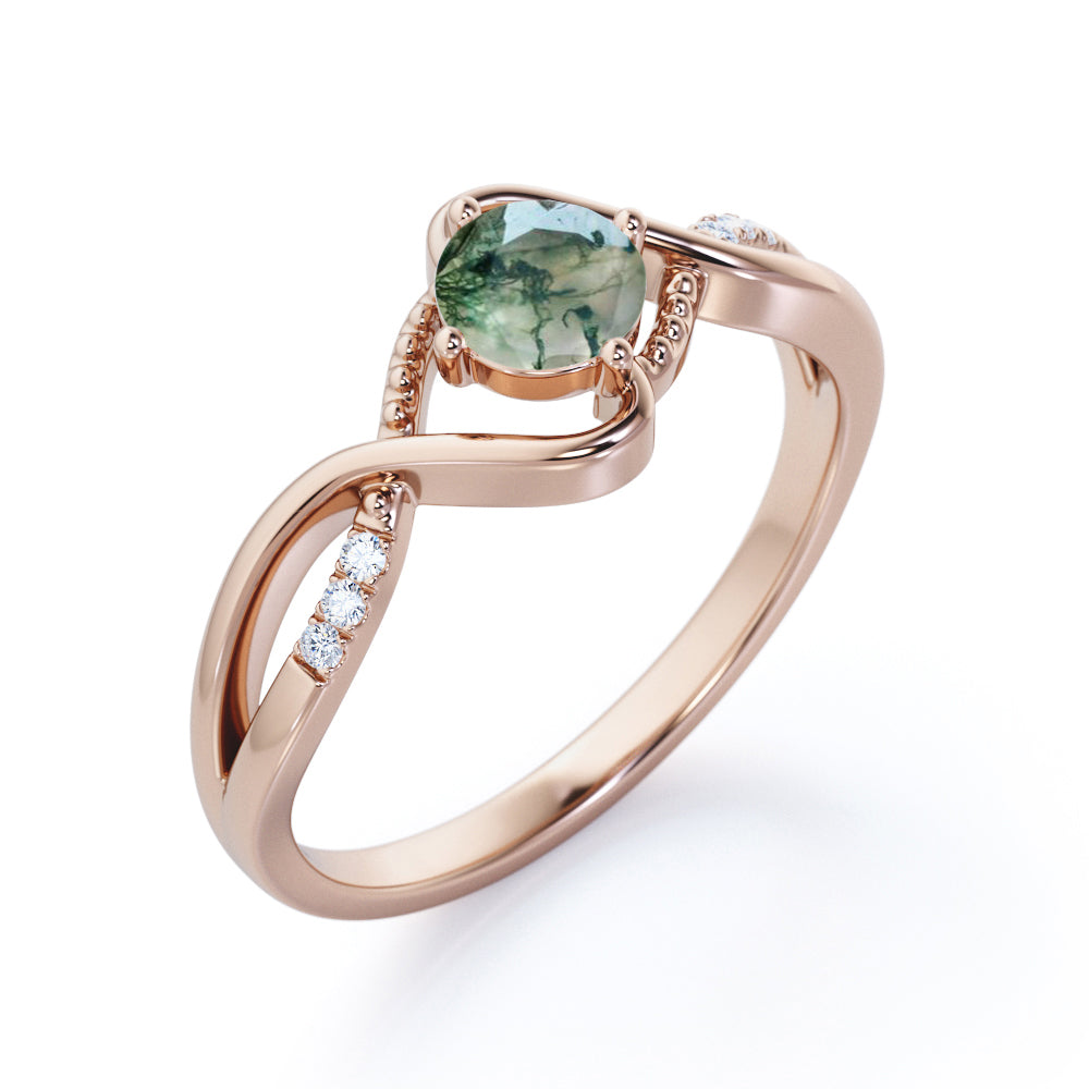 Infinity shank 1.15 carat Round cut Moss Green Agate and diamond milgrain engagement ring in White gold