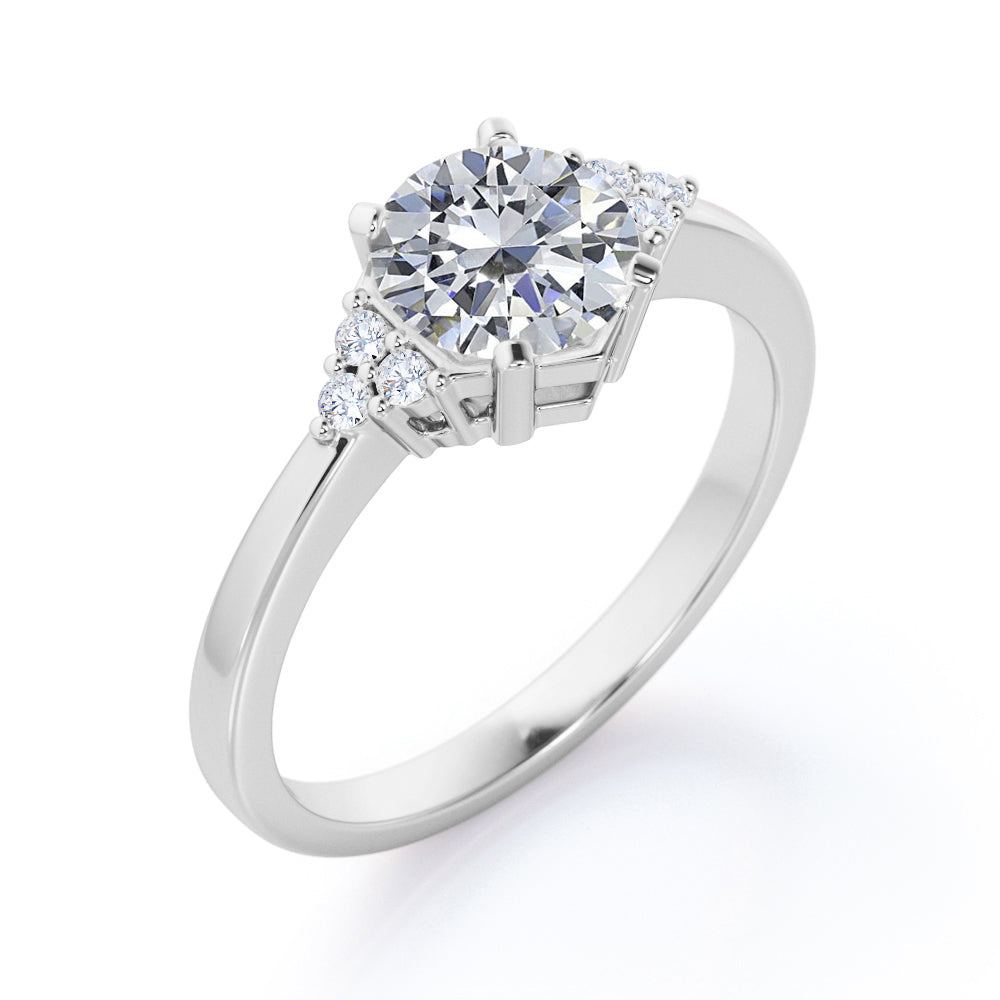 Classic 7 stone 1.1 carat Round cut Moissanite and diamond hexagon prong set engagement ring in rose gold