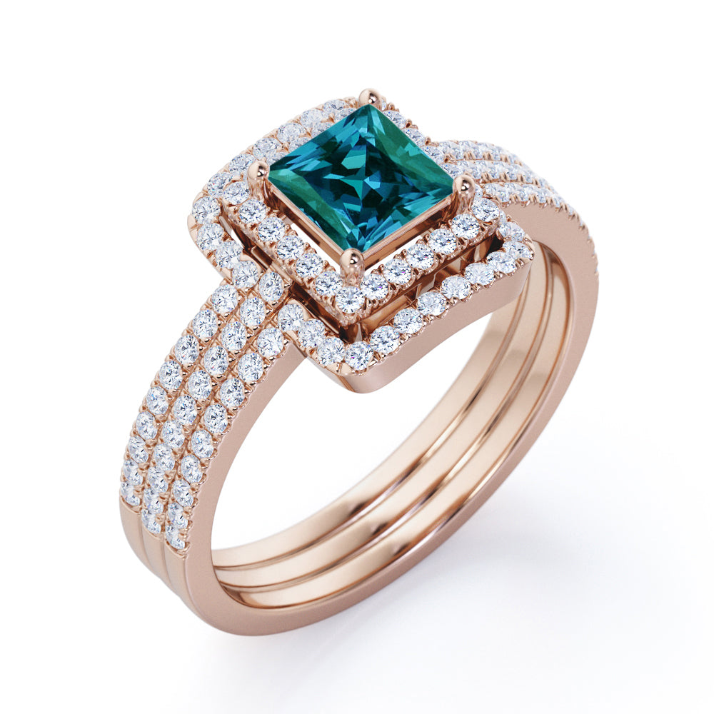 Elegant Eternity 1.75 carat Princess cut Lab created Alexandrite and diamond trio wedding ring set for women in White gold