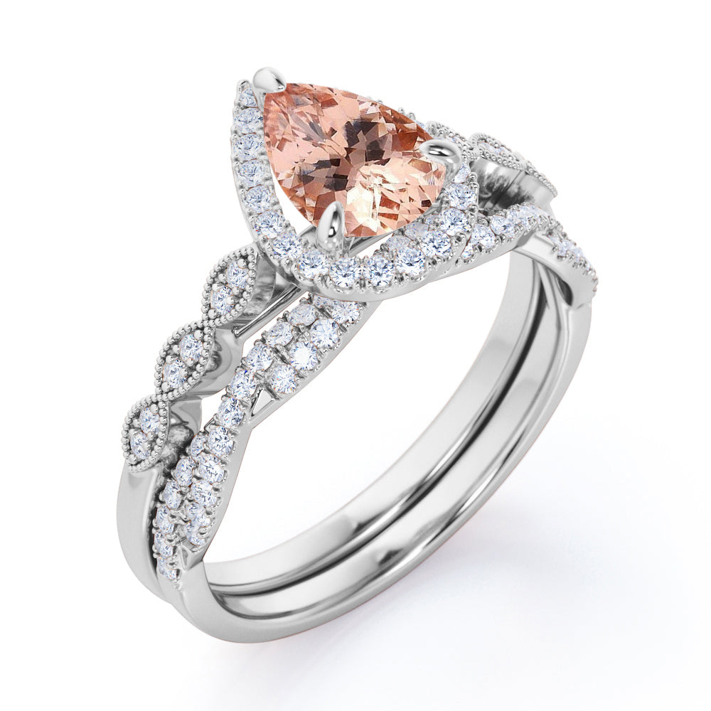 Pear Halo 1.75 carat Tear drop Morganite and diamond Milgrain and infinity wedding ring set for her