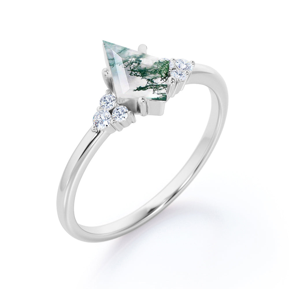 Elegant 1.1 carat Kite shaped Moss Green Agate and diamond 7 stone engagement ring in Black gold