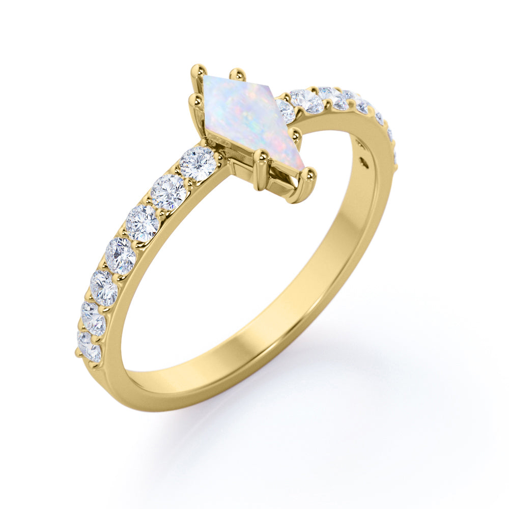Delicate Pave set 1.15 carat Kite shape Ethiopian Opal and diamond vintage inspired engagement ring in Rose gold