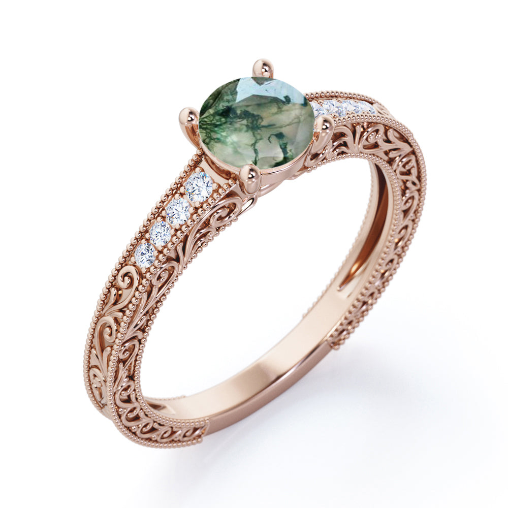 Aesthetic Victorian Scrollwork 1.25 carat Round cut Moss Green Agate and diamond engagement ring in White gold