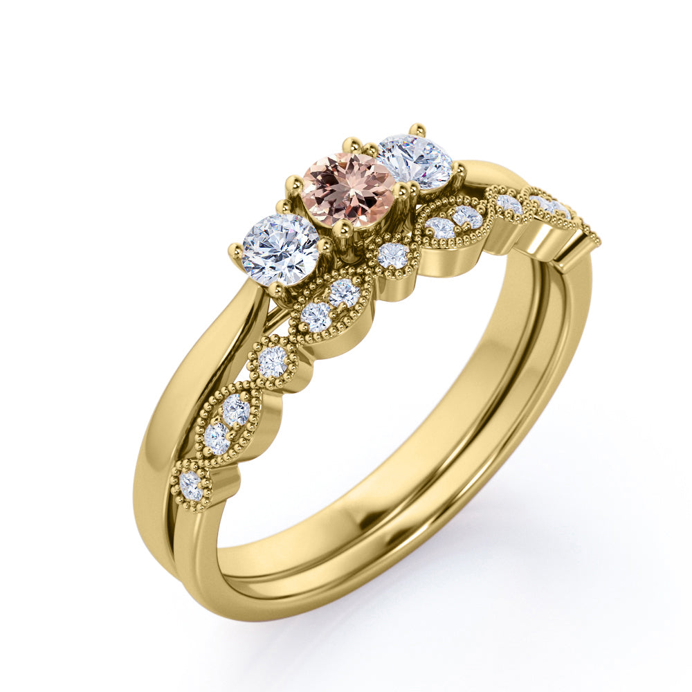 Antique Trilogy 0.8 carat Round cut Peach Pink Morganite and diamond Milgrain wedding ring set in White gold