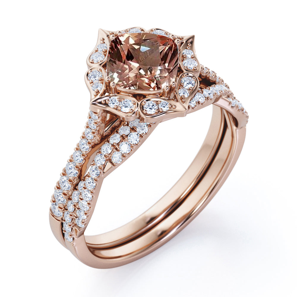 Floral Halo 1.75 carat Cushion cut Peach pink Morganite and diamond - double prong setting - wedding ring set for women