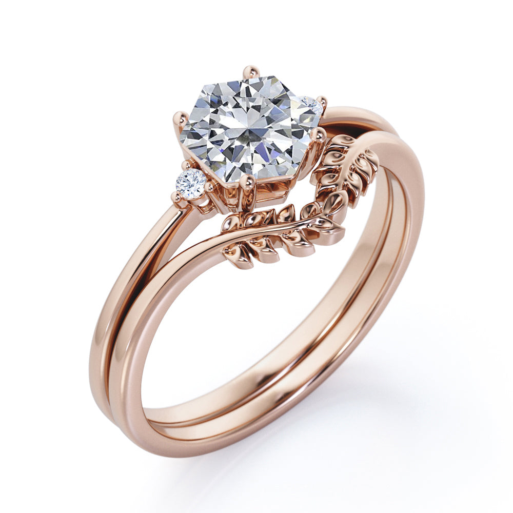 0.55 carat Vine leaf Hexagon Moissanite and diamond wedding ring set in rose gold
