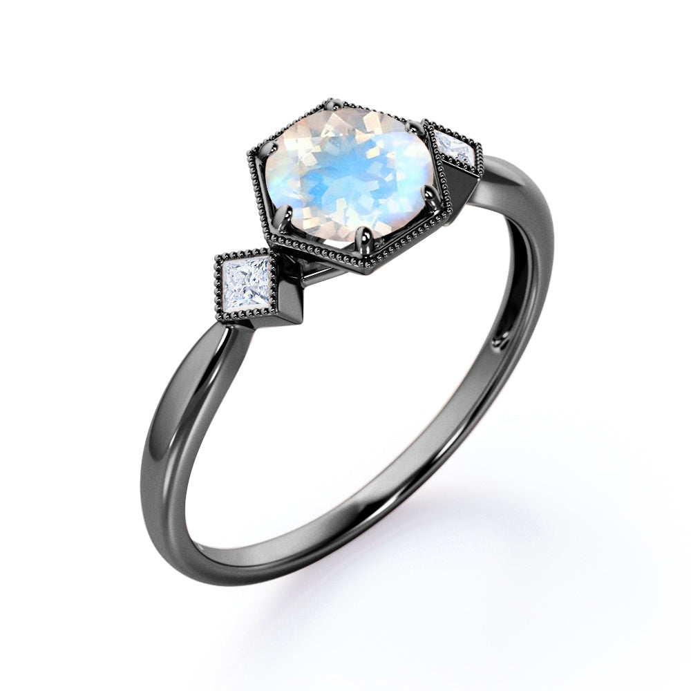 Triple Bezels 1.1 carat Round cut Moonstone and diamond Milgrain engagement ring in White gold