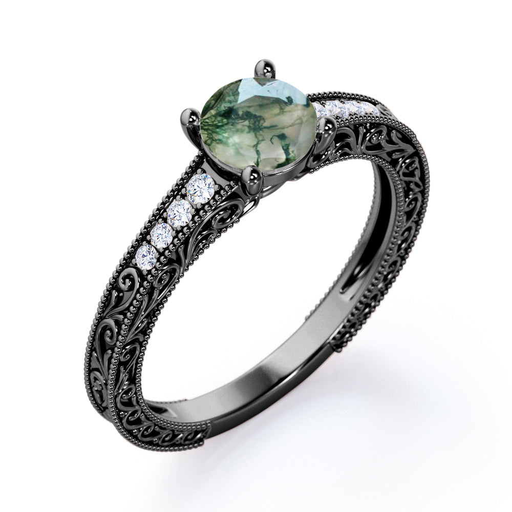 Aesthetic Victorian Scrollwork 1.25 carat Round cut Moss Green Agate and diamond engagement ring in White gold