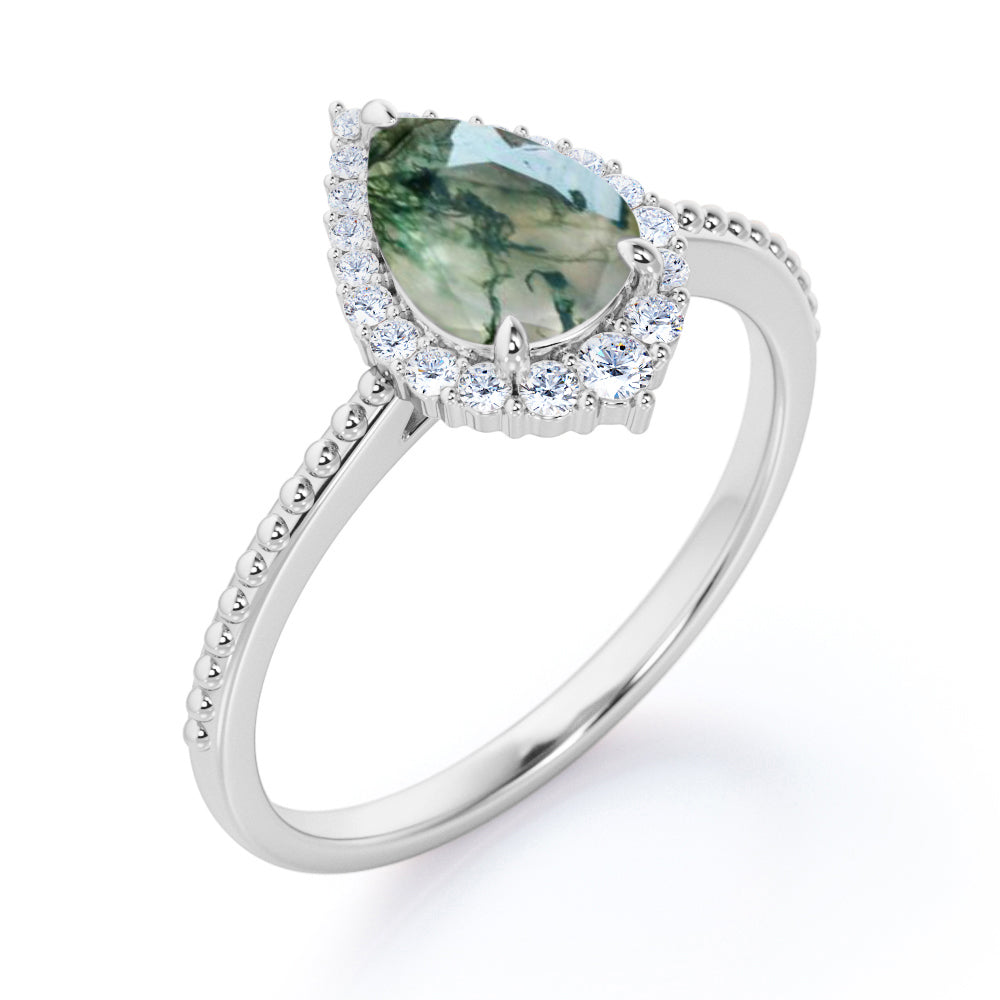 Royal inspired 1.2 carat Pear shaped Moss Green Agate and diamond Milgrain and halo engagement ring in Rose gold
