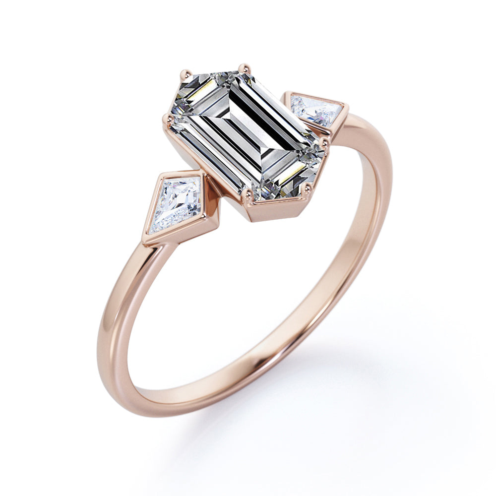 Asymmetric three stone 1.2 carat Hexagon cut Moissanite and Kite diamonds engagement ring in Black gold