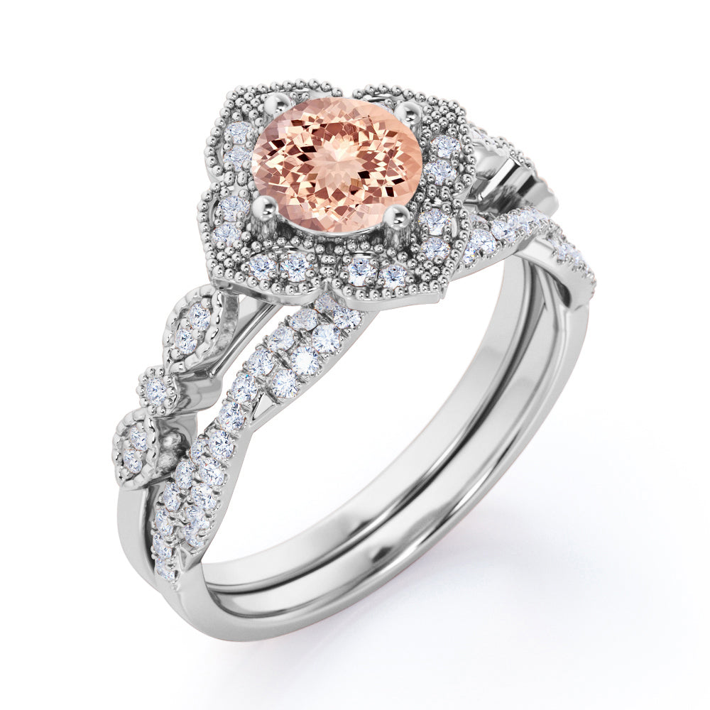 Half-infinity 1.50 carat Round cut Morganite and diamond blossom engagement ring and wedding band set for women