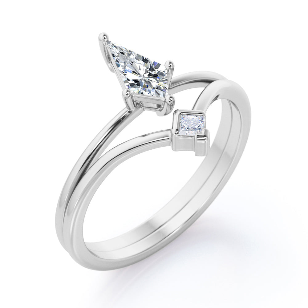 2 stone Chevron 0.55 carat Kite shaped Moissanite and diamond minimalist wedding ring set in Rose gold