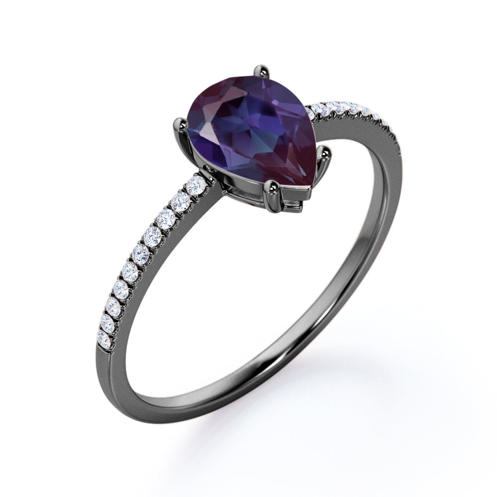 Classic 1.25 carat Pear cut Alexandrite and diamond eternity engagement ring in White gold