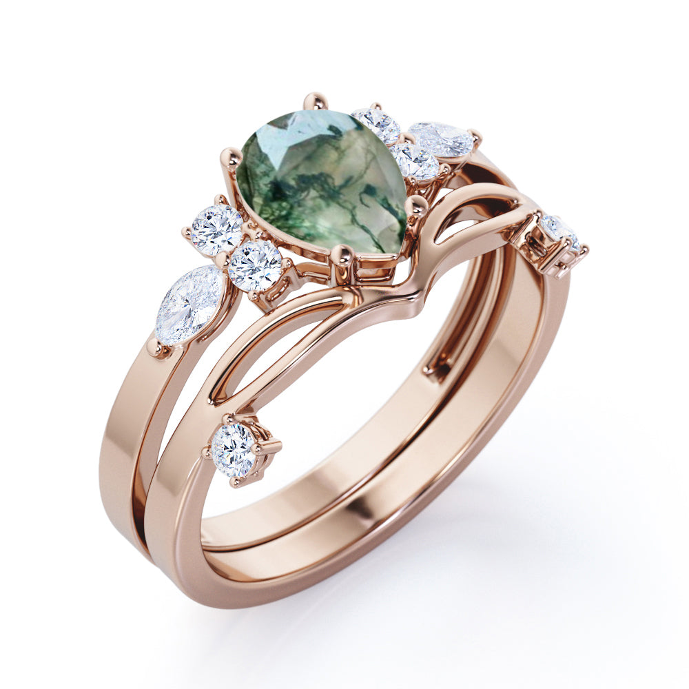 Beveled Chevron 1.25 carat Pear cut Moss Green Agate and diamond Split shank wedding ring set in Black gold