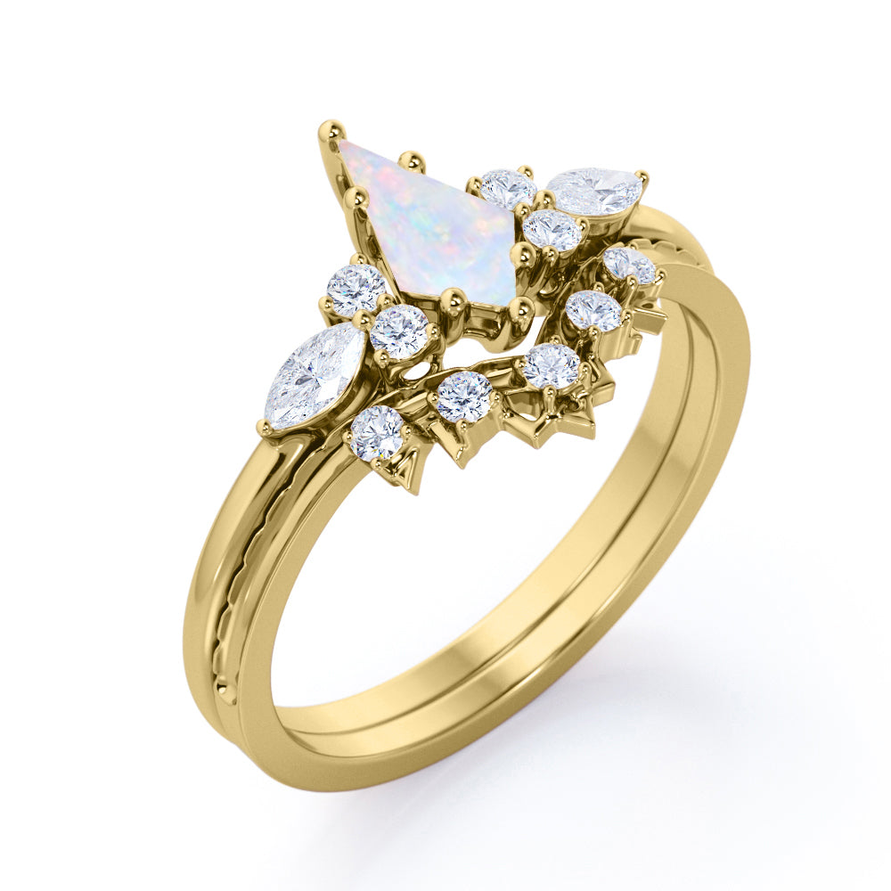 Vintage Chevron crown 1.15 carat Kite Shaped Australian Opal and diamond art deco engagement ring in Rose gold