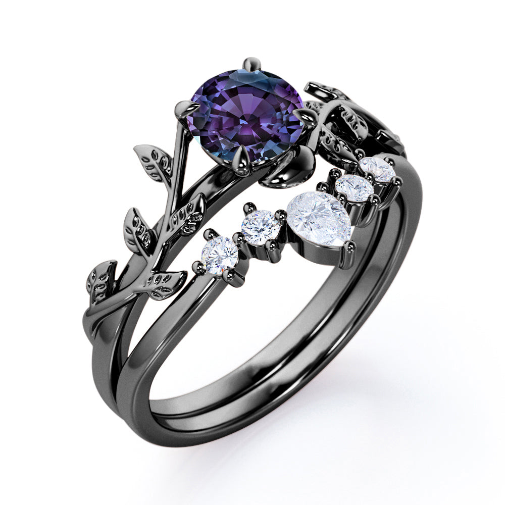 Floral Tiara 1.2 carat Round cut Lab created Alexandrite and diamond claw prong engagement ring in White gold