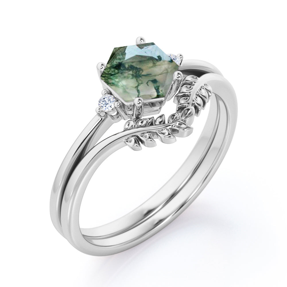 Earthy Three stone 0.55 carat Hexagon shaped Moss Green Agate and diamond antique style wedding ring set in Black gold