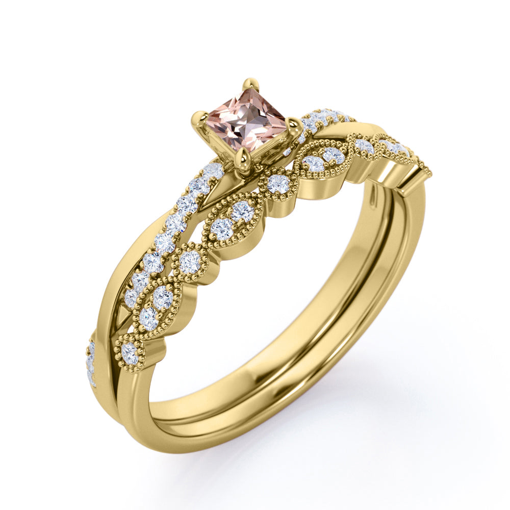 Intertwined vintage 1 carat Princess cut Morganite and diamond Milgrain and infinity wedding ring set in White gold