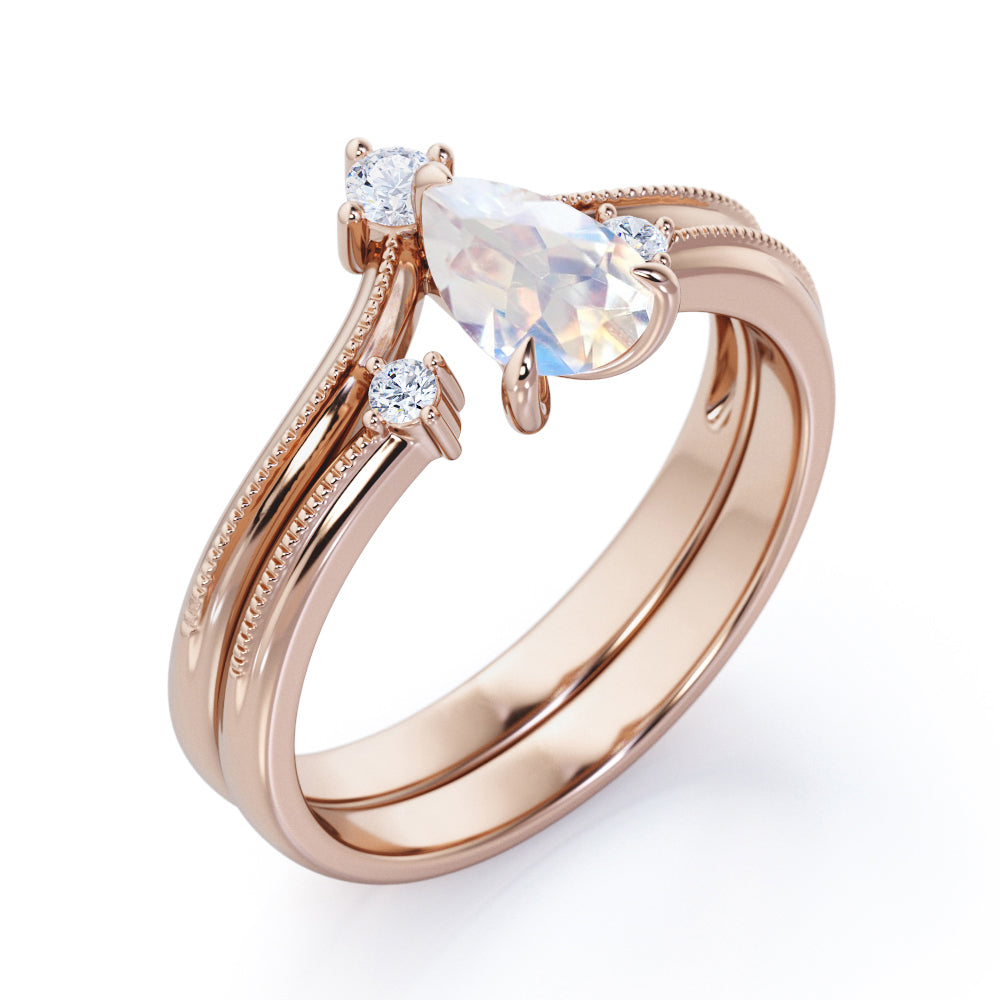 Chevron 1.1 carat V-shape Pear cut Moonstone and Diamond Milgrain Wedding ring set in White gold