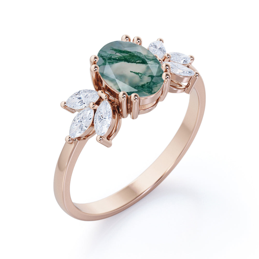Double prong style 1.15 carat Oval cut Moss Green Agate and diamond seven stone engagement ring in yellow gold