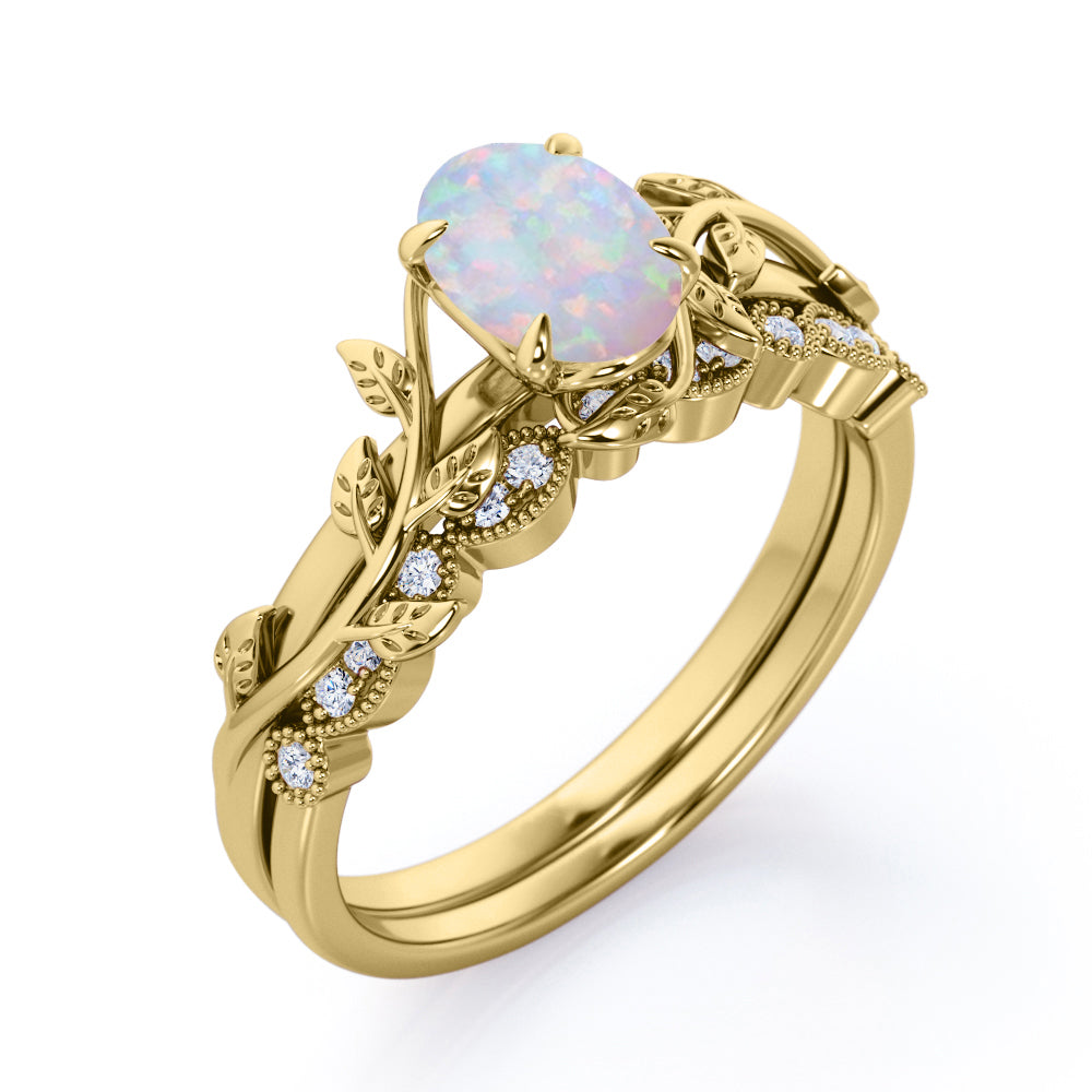 1.15 carat Nature-inspired Oval cut Ethiopian Opal and diamond Milgrain wedding ring set for women in White gold