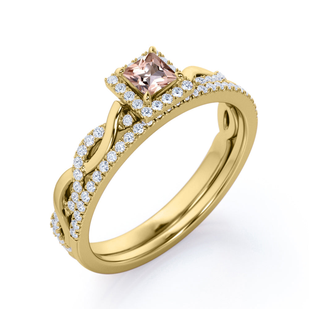 Unique Snake Twists 1 carat Princess cut Natural Morganite and diamond pave setting wedding ring set for women in Rose gold
