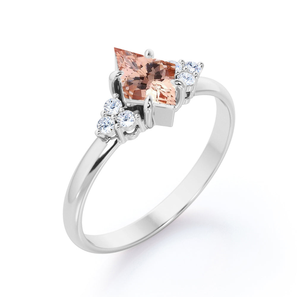 Affordable 1.2 carat Kite shaped Peach Morganite and diamond claw prong engagement ring in Rose gold