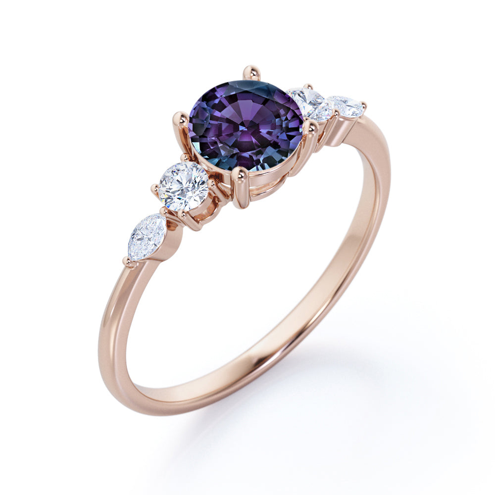 Button Prong style 0.65 carat Round cut Synthetic Alexandrite and diamond five stone engagement ring in White gold