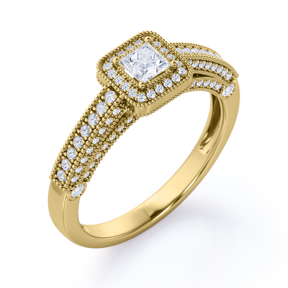 Classic Beaded 1 carat Princess cut Moissanite and diamond vintage style engagement ring in White gold