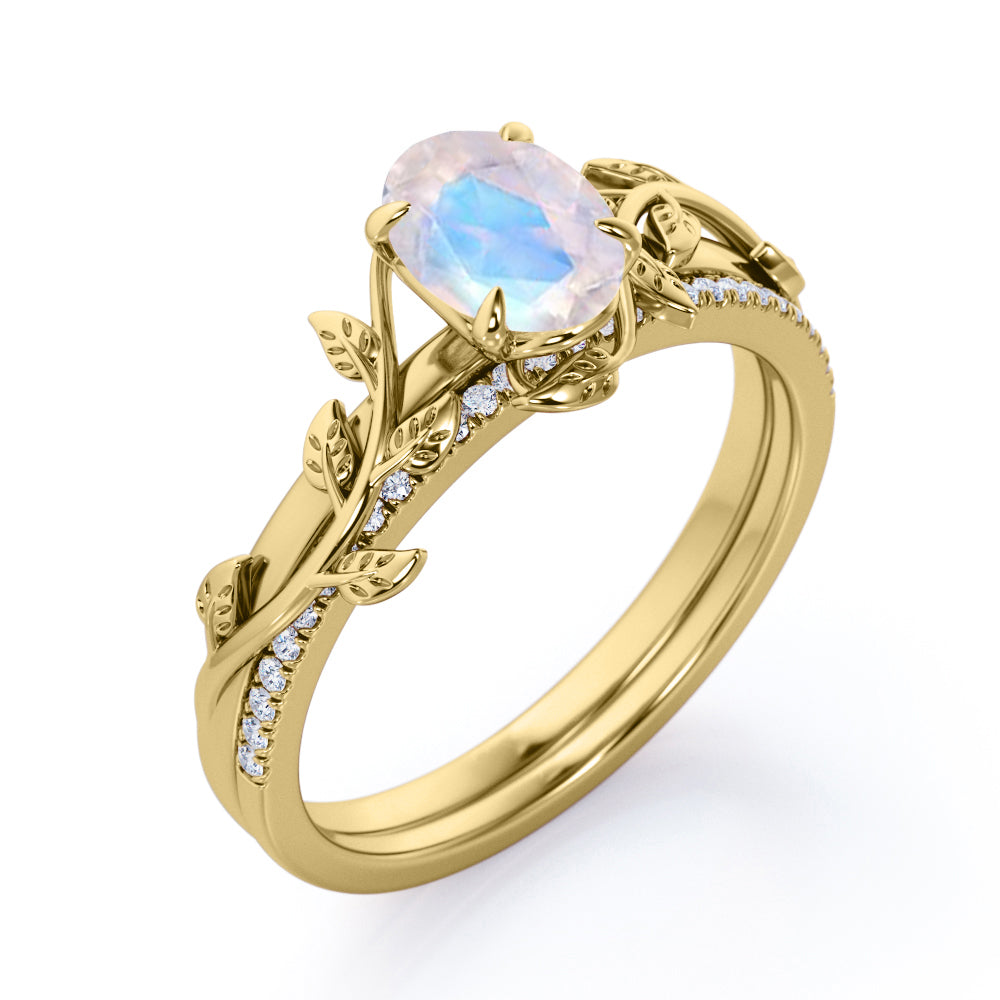 Olive leaf ring inspired Oval cut 1.25 carat Moonstone and diamond Wedding ring set in White gold