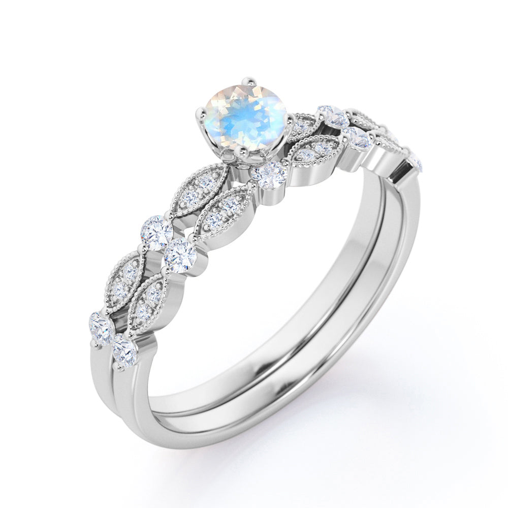 Classic Milgrain Bead style 0.85 carat Round cut Rainbow Moonstone and diamond engagement ring in Rose gold