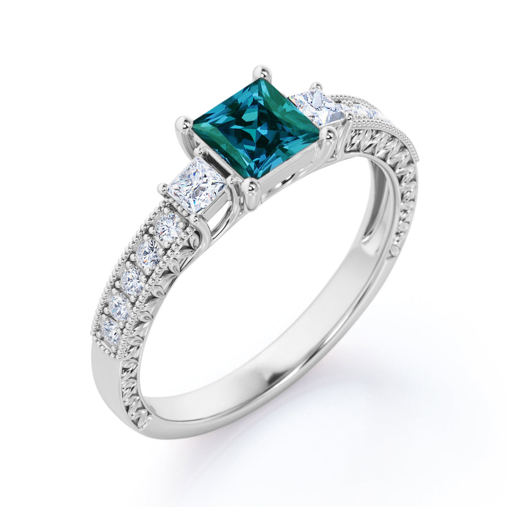 Milgrain Trilogy 1.25 carat Princess cut Alexandrite and diamond antique art deco engagement ring in Rose gold