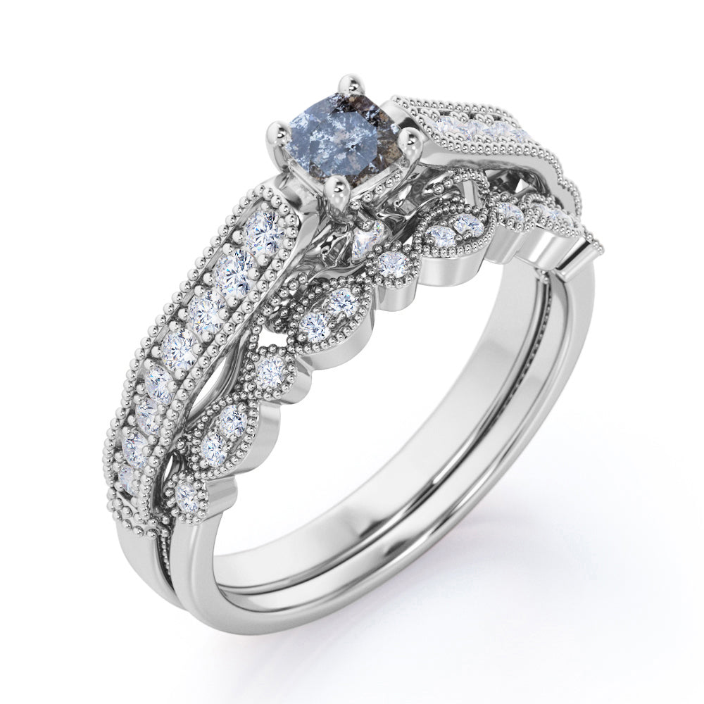 Exquisite Bead décor 0.8 carat Round cut Salt and pepper diamond and white diamond art deco bridal set for her in rose gold