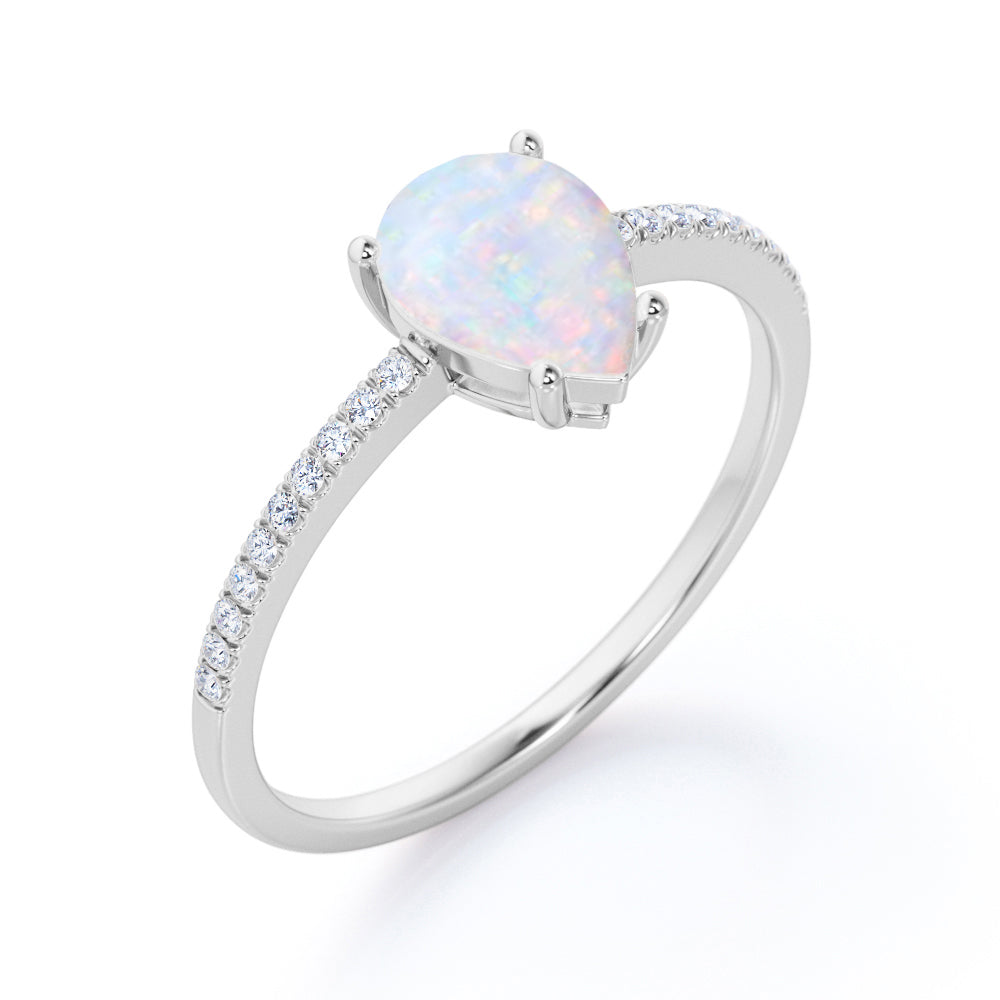 Classic Pave 1.20 carat Pear cut Opal and diamond vintage style engagement ring in Black gold