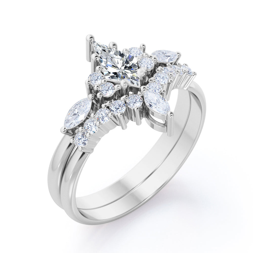 Boho inspired 1.5 carat Kite shaped Moissanite and diamond chevron wedding ring set in yellow gold