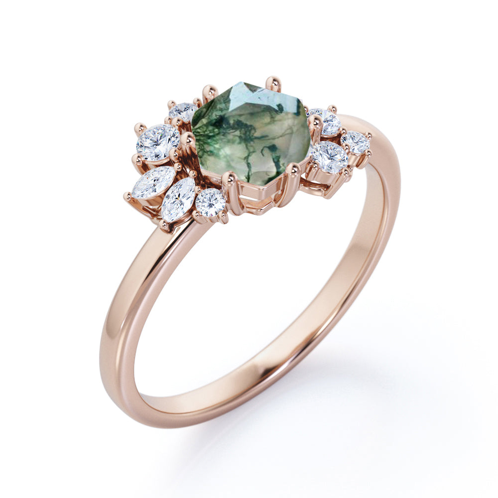 Aesthetic 0.65 carat Hexagon shaped Moss Green Agate and diamond art deco inspired engagement ring in Black gold