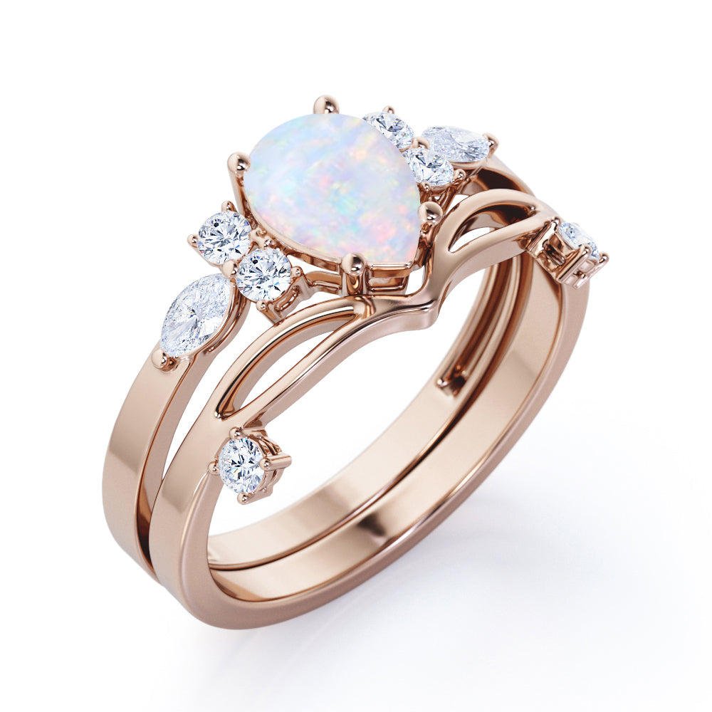 Mid century-Modern inspired 1.35 carat Pear cut Opal and diamond vintage art deco bridal set for her in White gold