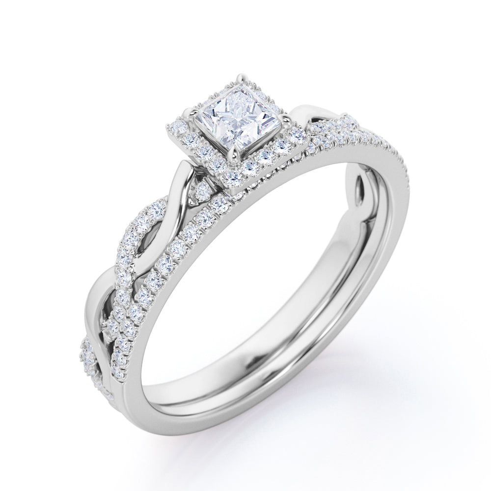 Infinity style 0.8 carat Princess cut Moissanite and diamond twisted halo engagement ring set in rose gold-Bridal set
